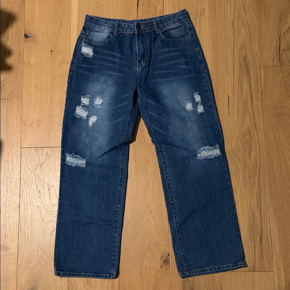 Women's Straight Leg Distressed Dark Blue Jeans
